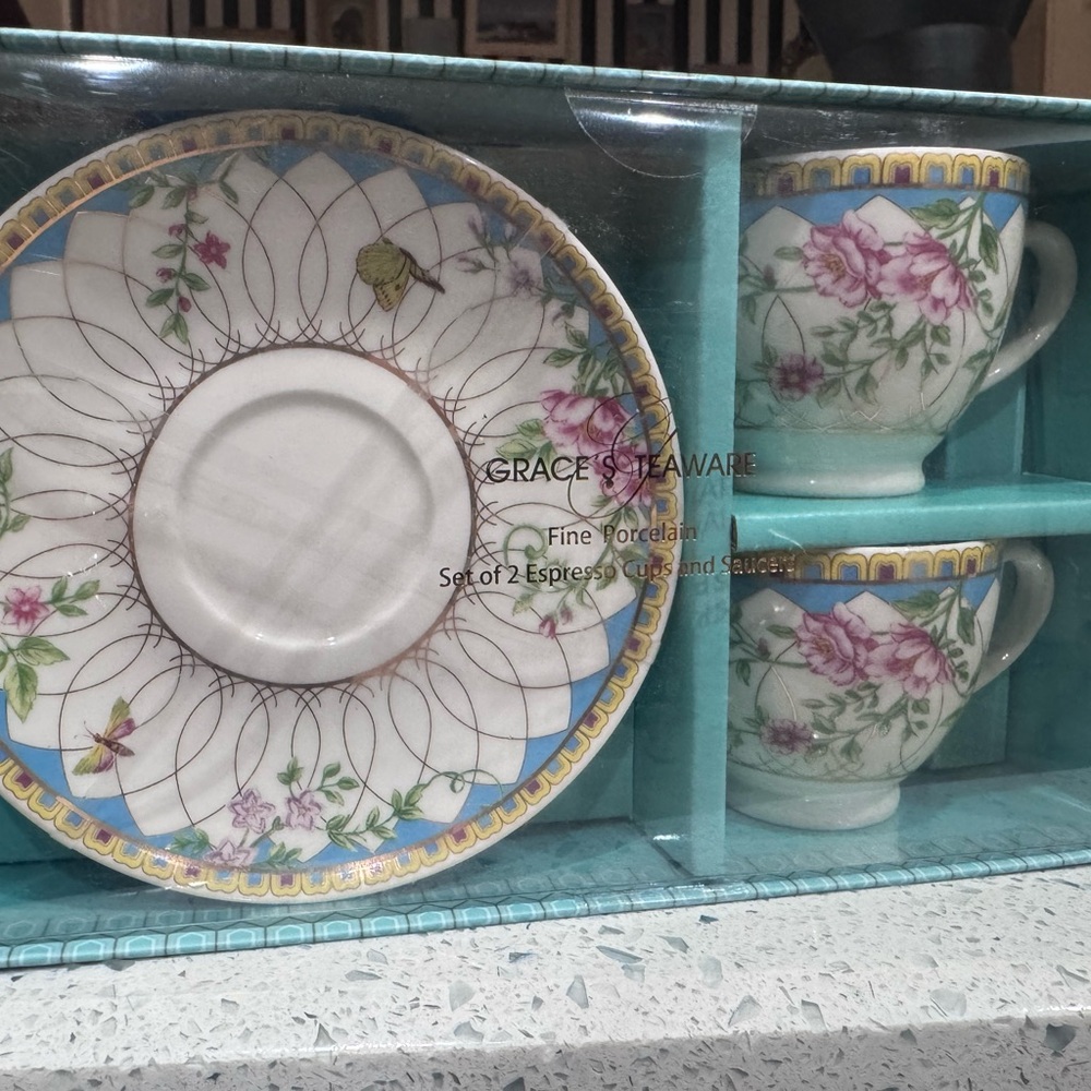 Grace Teaware Fine Porcelain Espresso Cup & Saucer Set - Floral Blue & Gold